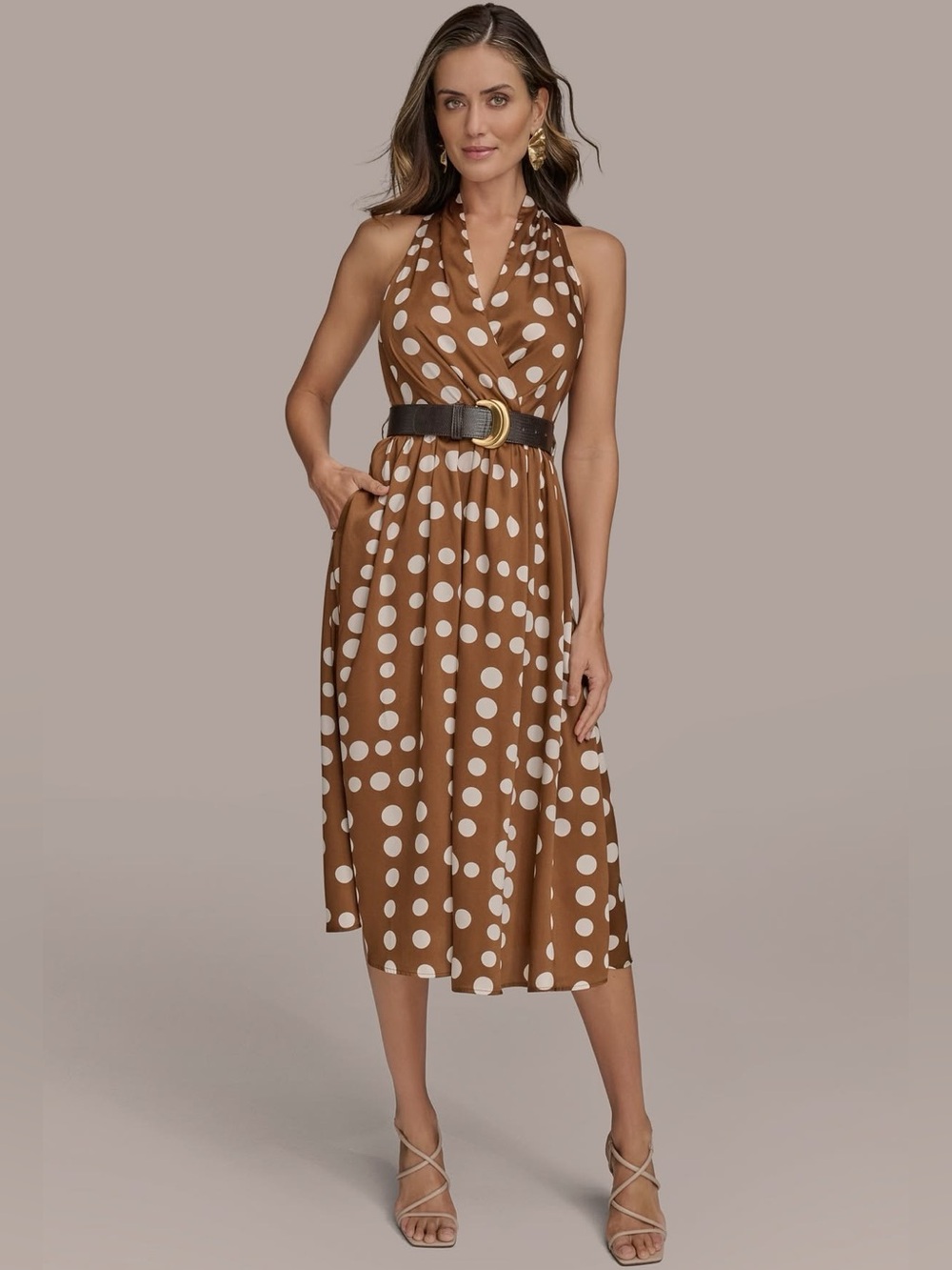 Donna Karan Polka Dot Fit & Flare Midi Dress Belted 6P NWT